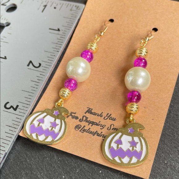 Gold Pink And Purple Pumpkin Dangle Earrings - Picture 6 of 8